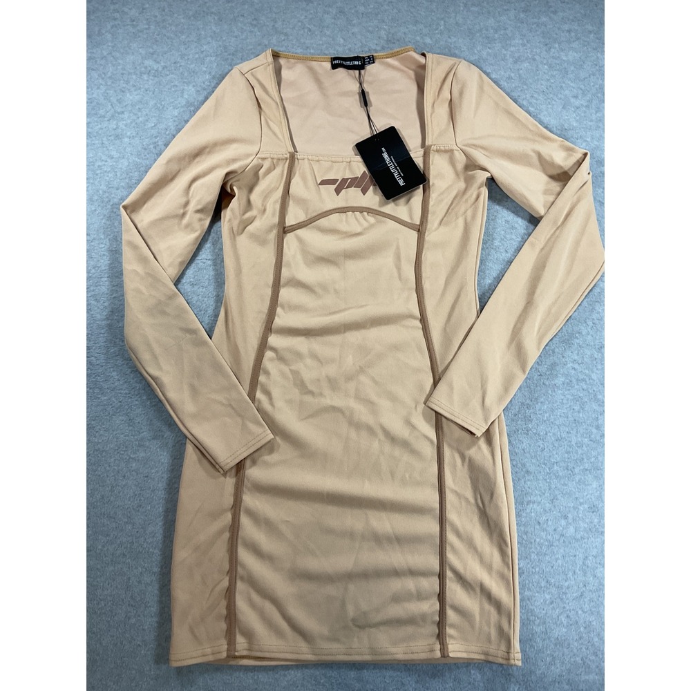 PrettyLittleThing Tan Long Sleeve Bodycon Mini Dress Square Neck Logo Sz 6 2313